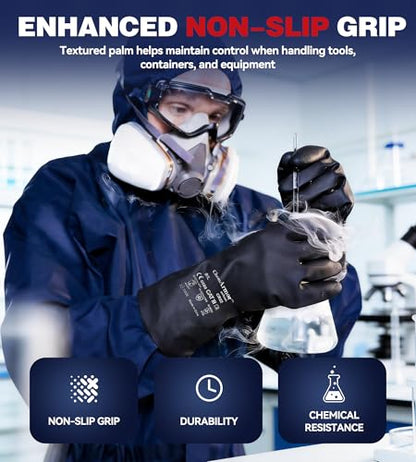 AnTools 2 Pairs Heavy-Duty Chemical Resistant Rubber Gloves, Protective Industrial Gloves for Cleaning, Dishwashing, Resist Acid, Alkali, Hazmat, Black, Large - size: Large (Pack of 2)