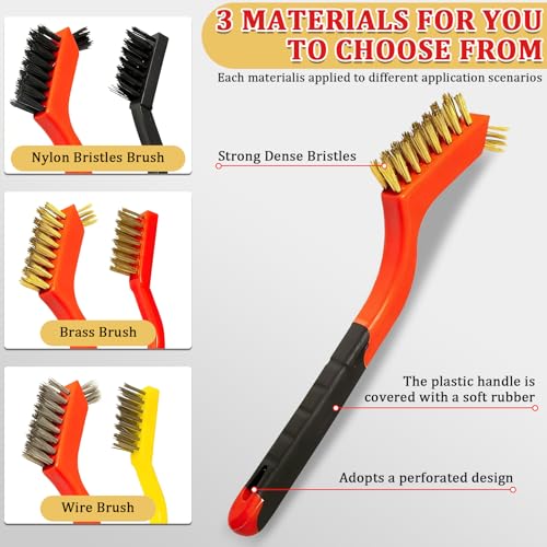 6Pcs Wire Brush Set, Stainless Steel Wire Brushes for Cleaning with Curved Handle Grip for Rust Removal, Dirt, Paint Scrubbing