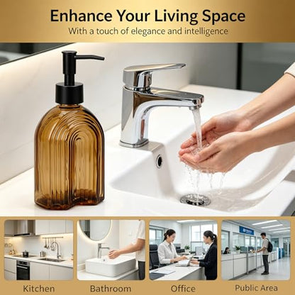 Black Pump Glass Soap Dispenser, 12oz Brown Stripe Countertop Refillable Liquid Bottle Hand Dish Lotion Dispenser with Plastic Pump, for Kitchen, Bathroom Countertop - color: Amber R