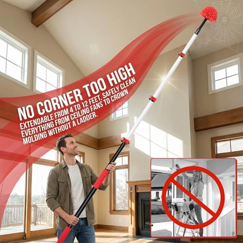 20FT High Reach Ceiling Duster Kit with 5-12ft Extension Pole – Fan & Cobweb Cleaner, Microfiber Feather Duster, 2-in-1 Window Squeegee, 270° Rotating Head, Reusable & Washable, Wall-Mount Rack