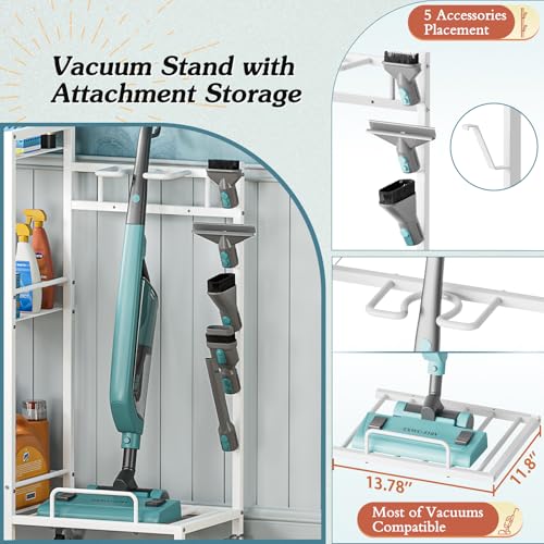 Broom Holder with Cleaning Supplies Organizer, Broom Closet Storage Cabinet with Cleaning Caddy Vacuum Stand, Cleaning Cart with Mop Hanger Gripper Rack Hook, Laundry Room Organization Home Essentials - color: White