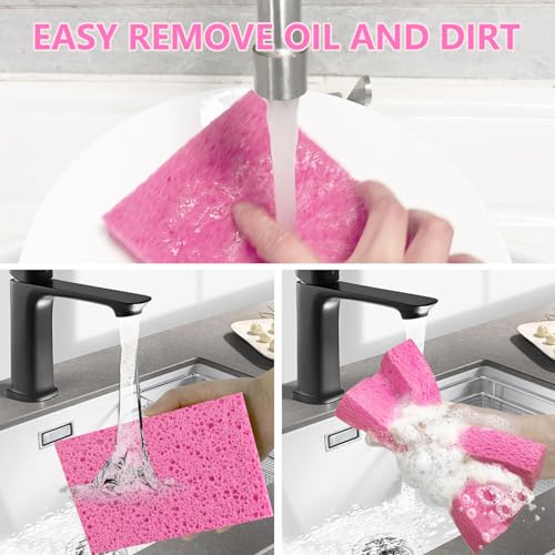 Cellulose Sponges, Large Size 4" x 6" x 1" - Heavy Duty Scrub Kitchen Sponge, Clean Tough Messes Without Scratching Kitchen Cleaning Pads, Pop Up Eco DIY (6 Pack), Pink - color: Pink