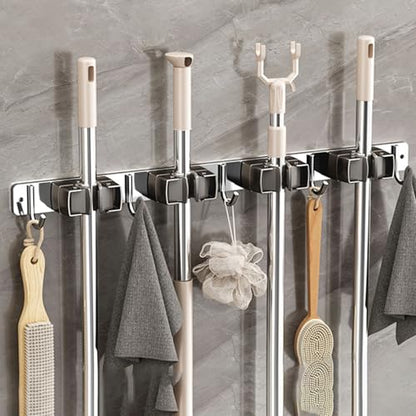 Wall-Mounted Broom Holder Stainless Steel Mop Storage Rack Laundry Room Storage Solution Suitable for Kitchens, Gardens,Garages (Option B: 4 clips with 5 hooks) - color: Option B: 4 clips with 5 hooks