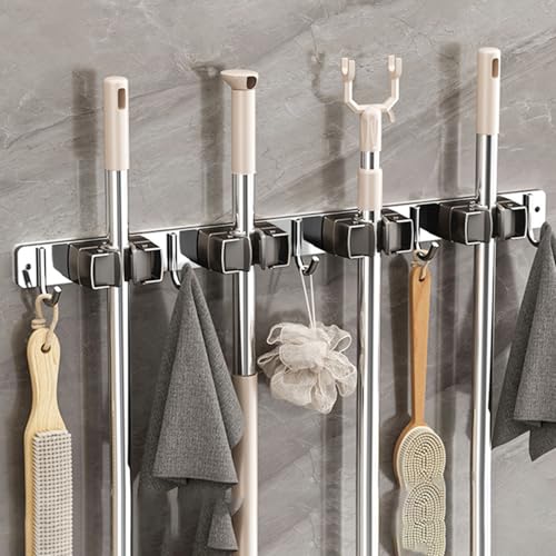 Wall-Mounted Broom Holder Stainless Steel Mop Storage Rack Laundry Room Storage Solution Suitable for Kitchens, Gardens,Garages (Option B: 4 clips with 5 hooks) - color: Option B: 4 clips with 5 hooks