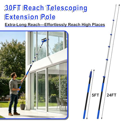 30FT Reach Telescopic Extension Pole-5-24FT Multi-Purpose Extension Pole with Easy Flip Lock, Universal Twist-on Metal Tip, Lightweight Sturdy Aluminum Paint Roller Extension Pole for Window Cleaning - size: 24FT