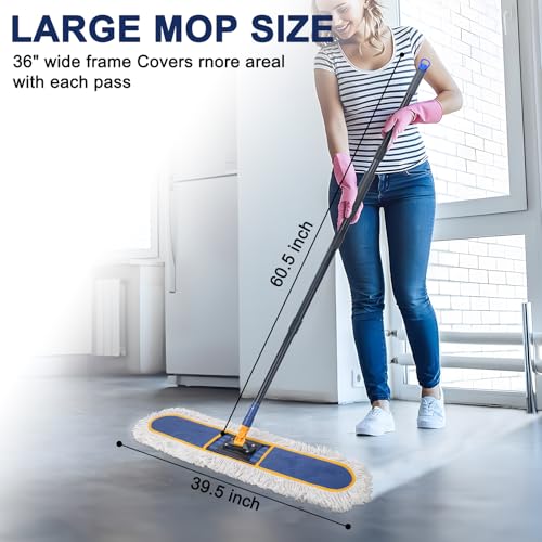 KeFanta 36" Commercial Dust Mops for Floor Cleaning,Industrial Dry Mop with Heavy Duty Long Handle,Large Cotton Reusable Mop Head,for Hardwood,Tile,Concrete,Laminate,Garage Floors(Blue) - size: 36" Commercial Dust Mop + 1 Pad