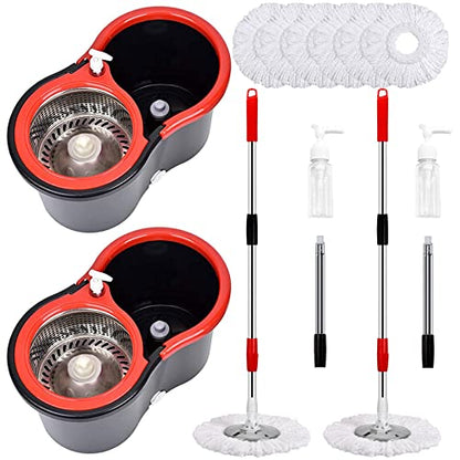 Mop and Bucket Set, 360° Spin Mop and Bucket with Wringer Set and 6 Microfiber Mop Refills, Stainless Steel 61" Extended Handle Spinning Mop Bucket System for Floor Cleaning (2 Sets) - color: Black*2