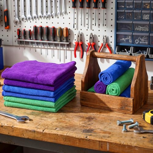 Nuenen Cleaning Cloths for Cars 16 x 16 Inch Ultra Absorbent Towels Drying Microfiber Reusable Cleaning Supplies House Kitchen Window Microfiber Towel (Purple,Blue,Green,60 Pcs) - color: Purple,blue,green
