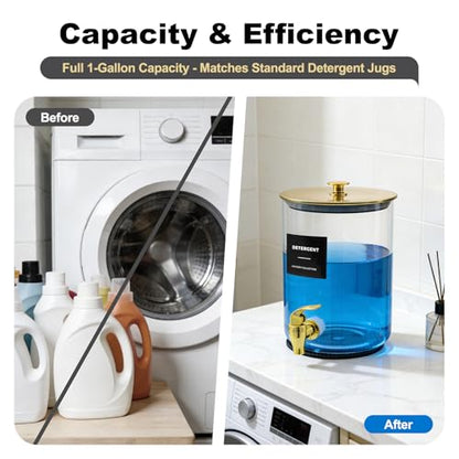 Glass Laundry Detergent Dispenser for Laundry Room Organization, 1 Gallon Large Liquid Soap Dispenser with Black Metal Lid & Leak-Proof Spigot, 2 Measured Cups, 2 Silicone Mats & 9 Labels (2, Gold) - color: Gold
