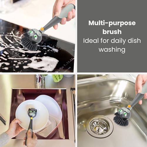 Vigar Soap Dispensing Dish Brush - Felix Cat-Shaped, Dish Brush with Handle and Soap Dispenser, Scrub Brush for Dishes, Pot Scrubber, Sink Scrubber, Dish Cleaner, and Kitchen Essentials - Black, Gray - color: Multicolor