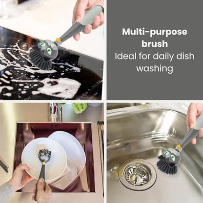 Vigar Soap Dispensing Dish Brush - Felix Cat-Shaped, Dish Brush with Handle and Soap Dispenser, Scrub Brush for Dishes, Pot Scrubber, Sink Scrubber, Dish Cleaner, and Kitchen Essentials - Black, Gray - color: Multicolor