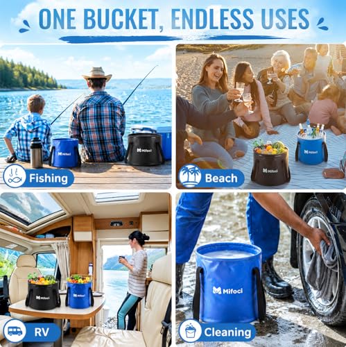 Mifoci 2 Pcs Collapsible Bucket 5 Gallon and 8 Gallon with Handle Portable Foldable Bucket for Camping Fishing Sturdy Leakproof Collapsible Cleaning Buckets for Car Wash RV Outdoor (Black,Dark Blue)