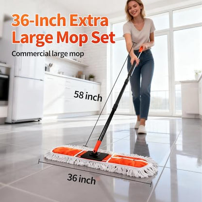 36" Large Commercial Dust Mops for Industrial Floor ，Marble, Laminate,Tile,Concrete,Garage. Janitor Broom Wide Dry mop for Hardwood ,Heavy Duty Long Handle Hotel Gym Household Cleaning Supplies