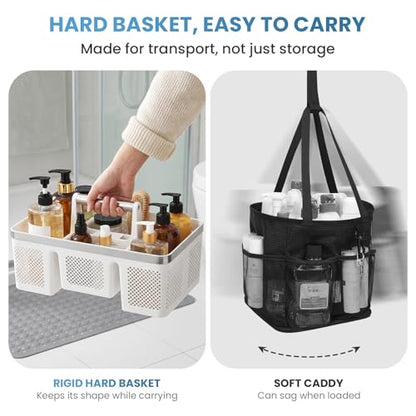 BYUNER 2Pack Plastic Shower Caddy: Portable Shower & Bathroom Caddy Tote with Handle, 4 Divided Compartments, Hard Plastic Shower Basket with All-Side Drainage for College Dorm Room Essentials - color: 2pc White/Silver