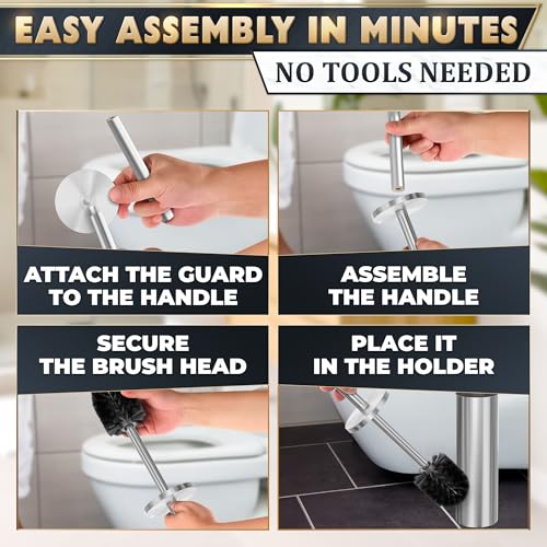 Stainless Steel Toilet Brush and Holder Set - Free-Standing Toilet Bowl Brush and Holder with Removable Inner Bowl, Splash Cover, Sturdy Bristles, Corrosion & Scratch Resistant - Modern Toilet Design - color: Silver