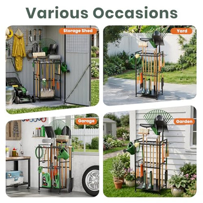 SPACECARE Garden Tool Organizer with Feet, Yard Tower Rack for Garage Organization and Storage, Up to 35 Long-Handled Tools/Rakes/Brooms, Heavy Duty Steel Garden Tool Stand for Shed, Outdoor, Black - style: RACK-with Feet