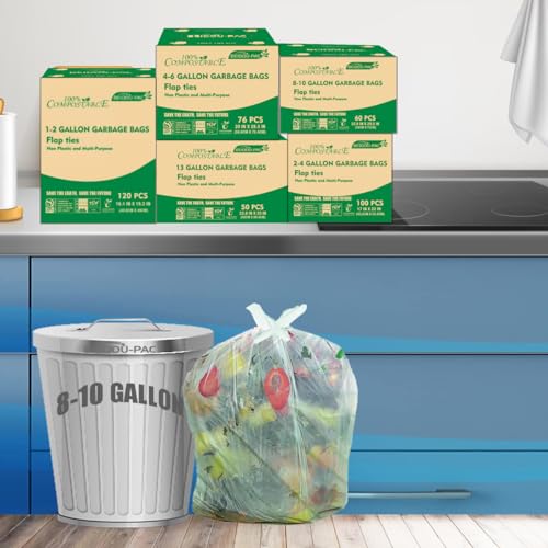 BEIDOU-PAC 8-10 Gallon Flap Tie Compostable Trash Bags, 240 Count, Compost Bags Kitchen Trash Bags, Sturdy Garbage Bags Food Scrap Waste Bags, ASTM D6400, US BPI Certified, Green - style: Flat ties | 8-10 Gallon | 240 Count