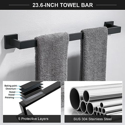 TQKAG 6-Piece Bathroom Towel Bar Sets Matte Black 23.6 inch Towel Bar Stainless Steel Towel Ring Coat Hook and Toilet Paper Holder Bathroom Hardware Set Wall Mounted Bathroom Accessories Kit - color: Matte Black, size: 6-Pieces Set-A