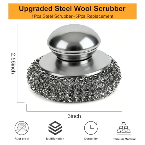 6pcs Steel Wool Scrubber with Replacement Wire Sponge Pads Set, Stainless Steel Scrubber for Dishes, Perfect for Cleaning Metal Pans, Pots, Grills & More, Sink(1 Scrubber+5 Pads)