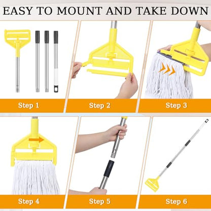 Commercial Heavy Duty Mop Handle - 58" Adjustable Extension Pole Mop Handle Replacement, Wet Mops Head Replacement Holder for Professional/Industrial Floor Cleaning (Yellow)