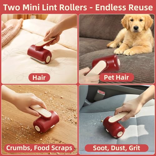 Mini Reusable Lint Roller 2 Pack, Washable Gel Sticky Lint Roller for Pet Hair, Travel Size Portable Lint Roller with 360° Rotating Handle & Large Hanging Hole, Beige