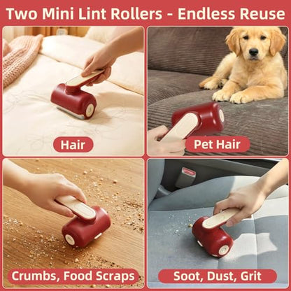 Mini Reusable Lint Roller 2 Pack, Washable Gel Sticky Lint Roller for Pet Hair, Travel Size Portable Lint Roller with 360° Rotating Handle & Large Hanging Hole, Beige
