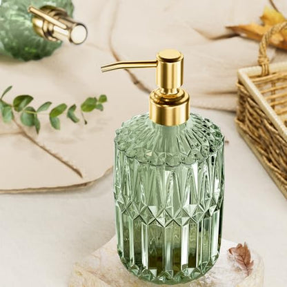 AmazerBath Soap Dispenser, 2 Pack Green Glass Soap Dispenser with Pump Stainless Steel, 14.2OZ Luxury Gold Hand Soap Bottles Bathroom Kitchen - color: Green & Gold - 2 Pack