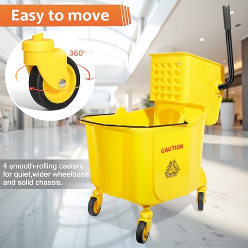 38 Qt Commercial Mop Bucket with Side Press Wringer on Wheels and Mops Set for Floor Cleaning,Including 1 Industrial Mop and Wet Floor Caution Sign,Yellow,Beyoco