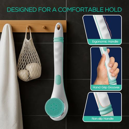 VOYOR Electric Silicone Body Scrubber, Back Scrubber for Shower, Waterproof Long Handle Body Brush, Rechargeable Power Bath Brush for Cleansing, Exfoliating, Massaging Skin BC100 (Blue) - color: Blue