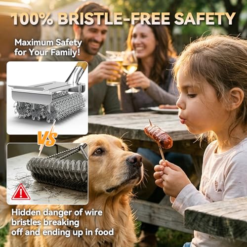 HOUSE AGAIN Grill Brush and Scraper Bristle Free with 3 Replacement Head 304 Stainless Steel Food-Grade Grill Accessories, Safe BBQ Cleaner Brush Strong Barbecue Cleaning Brush for Outdoor Grill Grate - style: Wood+3 replacement head