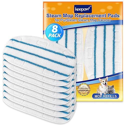 KEEPOW Steam Mop Pads Compatible with PurSteam ThermaPro 10-in-1 Steam Mop and ThermaPro 211 Steam Cleaner, Reusable Pur Steam Mop Replacement Pads for Multi-Surface Floor Cleaner (8 Pack) - color: White/Blue