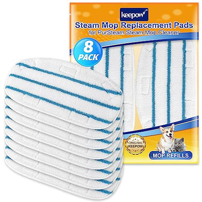 KEEPOW Steam Mop Pads Compatible with PurSteam ThermaPro 10-in-1 Steam Mop and ThermaPro 211 Steam Cleaner, Reusable Pur Steam Mop Replacement Pads for Multi-Surface Floor Cleaner (8 Pack) - color: White/Blue