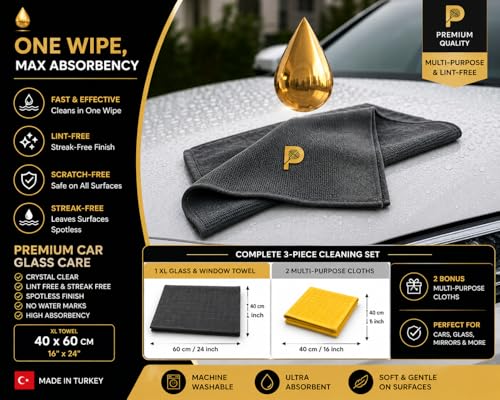 Premium Microfiber Cleaning Cloths, 3-Pack - 1 XL Glass Cleaning Cloth (16”x24”), 2 Waffle Weave Microfiber Cloths (16”x16”), Ultra Absorbent, Lint-Free, Streak-Free & Reusable