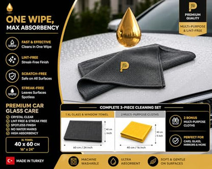 Premium Microfiber Cleaning Cloths, 3-Pack - 1 XL Glass Cleaning Cloth (16”x24”), 2 Waffle Weave Microfiber Cloths (16”x16”), Ultra Absorbent, Lint-Free, Streak-Free & Reusable