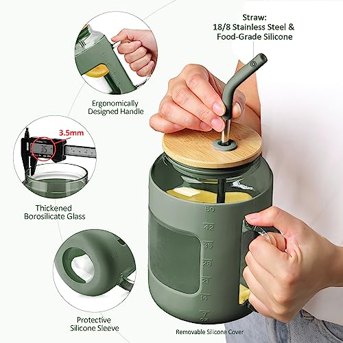 WINSA 50 oz Glass Water Bottles with Silicone Sleeve,Glass Tumbler with Lid and Straw,Iced Coffee Cup with Handle,BPA Free-Olive - color: Olive