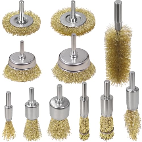 11 Pcs Wire Brush Drill Attachments-Wire Wheel for Drill Set Carbon Steel Cup & End Brushes with Soft Bristles for Metal Stripping,Rust & Paint Removal,Die Grinder Accessories,1/4" Shank