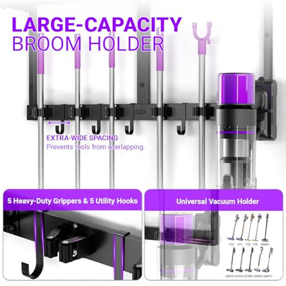 Heavy Duty Broom Holder Wall Mount with Cleaning Supplies Organizer, Space-Saving Laundry Room Organization and Storage Shelves, All-Metal Mop Hanger Broom Rack with Hooks, Garage Organizer Shelf - size: Medium-2