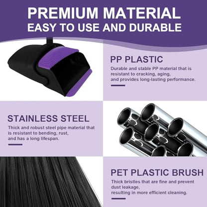 Broom with Dustpan Combo Set and Silicone Air Broom Kit, 51" Long Handle Floor Squeegee, Purple Household Kit for Glass Window Rugs Pet Hair Home - color: Purple
