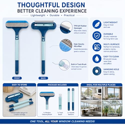 Window Screen Cleaner Brush, 3-in-1 Mesh Screen Cleaning Brush with Squeegee and Detachable Long Handle, Professional Soot and Dust Remover for Window, Patio, Door, Multi-Purpose Home Cleaning Kit