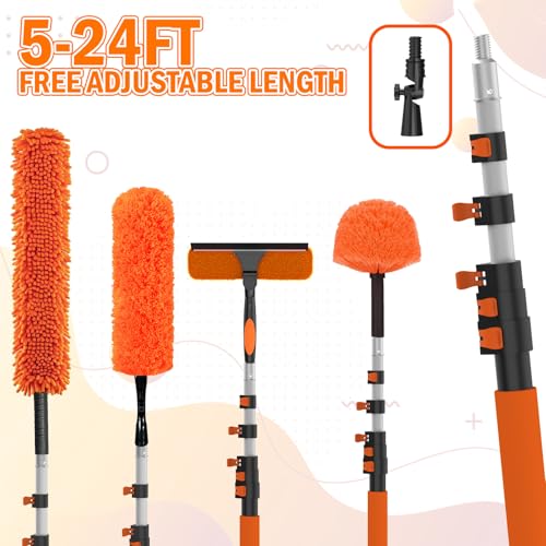 LAANPOLE 30FT High Reach Duster Cleaning Kit with Extension Pole, High Ceiling Fan Cleaner Duster Tool for Fan Blades, Window Washing Kit with Microfiber Feather Duster & Window Squeegee - size: 24FT