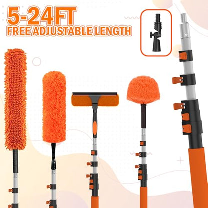 LAANPOLE 30FT High Reach Duster Cleaning Kit with Extension Pole, High Ceiling Fan Cleaner Duster Tool for Fan Blades, Window Washing Kit with Microfiber Feather Duster & Window Squeegee - size: 24FT