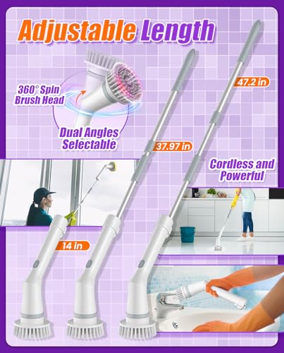 6-in-1 Cordless Electric Spin Scrubber with Long Handle | IPX7 wet-area design, 2 speeds, 47.2 in extendable reach for tile, tub, floor, and kitchen cleaning - size: 6heads