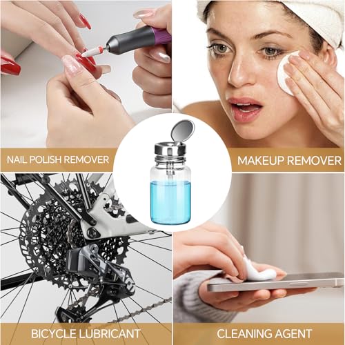 2-Pack 100ml/3.38oz Clear Glass Pump Dispenser Bottle with Metal Flip Top, Nail Polish Remover/Makeup Remover Refillable Press Container, 3.98×1.97 Inch Compact Size for Home, Travel & Salon - size: Circle + Circle