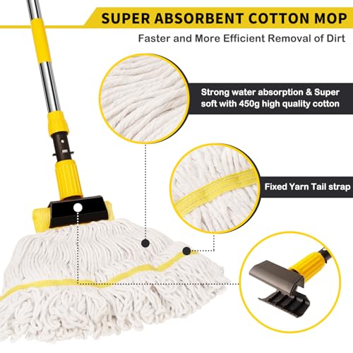Professional Commercial Mop Industrial Heavy Duty Mop with 54" Long Handle ,Wet Mop for Home,Workshop,Garage Floors Cleaning,with 53'' Stainless Steel Mop Handle,Yellow