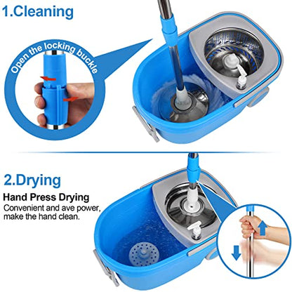 Spin Mop and Bucket with Wringer Set on Wheels, 360° Spinning Mop Bucket System with 3 Microfiber Mop Replacement Heads and 61" Stainless Steel Adjustable Handle for Floor Cleaning (25QT) - color: Blue-2