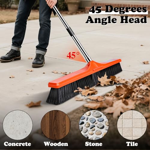 MASTERTOP 24" Yard Broom, Heavy Duty Garden Broom with Stiff Bristles, Outdoor Sweeping Brush,Push Broom for Warehouse Garden Garage Factory Patio Deck Driveways - color: Push Broom Tangerine
