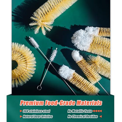 9-Pack Thin Long Handle Bottle Brushes, Stainless Steel Wire Cleaners with Boar Bristle & Wool Tip, Flexible Narrow Neck Cleaner for Wine Bottles, Tubes, Straws, Pipe, Hose & Decanter