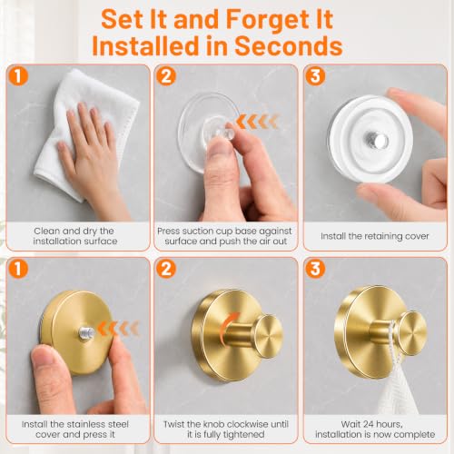 Upgraded Suction Cup Hooks for Shower, No-Drill Bathroom Hooks for Hanging Towels, Robes & Loofah - Mount on Kitchen Walls, Window, Glass, Mirror, Tile & Smooth Surfaces (2 Pack, Gold Tone) - color: Gold