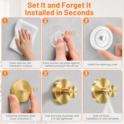 Upgraded Suction Cup Hooks for Shower, No-Drill Bathroom Hooks for Hanging Towels, Robes & Loofah - Mount on Kitchen Walls, Window, Glass, Mirror, Tile & Smooth Surfaces (2 Pack, Gold Tone) - color: Gold