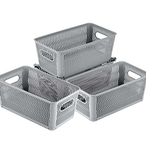 Simplify 4Pk Small Slide 2 Stack It Tote Basket | Storage & Organization | Open Bins with Stackable Capability | Bathroom | Crafts | Pantry | Playroom | Office | Grey - color: Gray, size: Small, style: 4 Pack